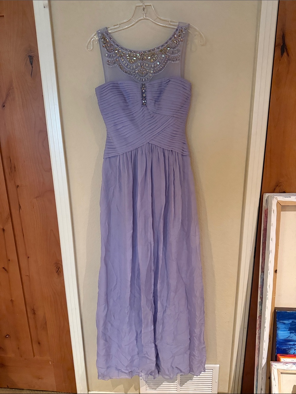 BCBGMaxazria Elegant Lavender Maxi Dress with Beaded Neckline and Front Slit